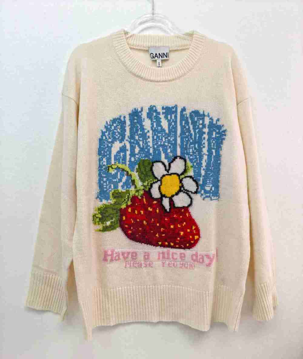 GANNI Off White Strawberry Flower Logo Long Sleeve Knitted Jumper